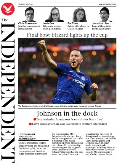 The Independent Newspaper Front Page (UK) for 30 May 2019