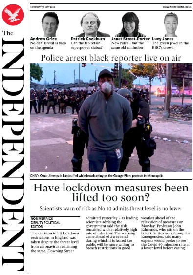 The Independent Newspaper Front Page (UK) for 30 May 2020