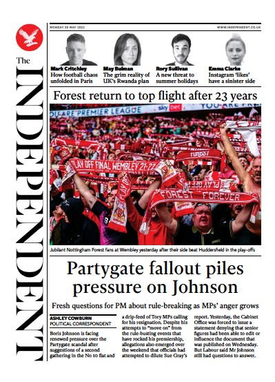 The Independent Newspaper Front Page (UK) for 30 May 2022