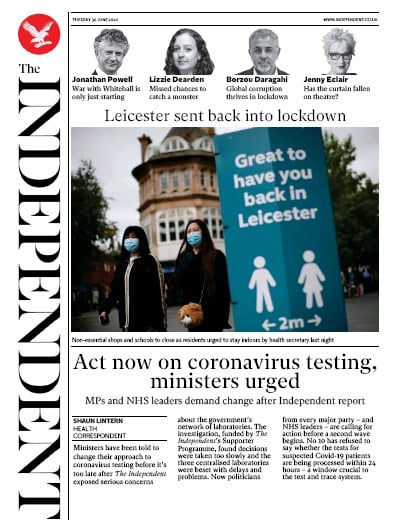 The Independent Newspaper Front Page (UK) for 30 June 2020