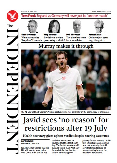 The Independent Newspaper Front Page (UK) for 30 June 2021