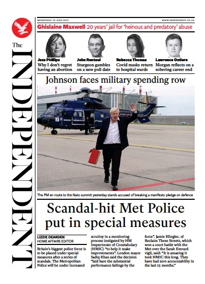 The Independent Newspaper Front Page (UK) for 30 June 2022
