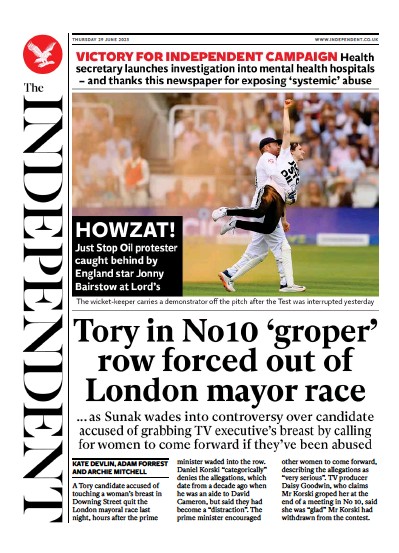 The Independent Newspaper Front Page (UK) for 30 June 2023