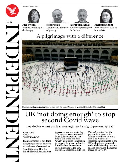 The Independent Newspaper Front Page (UK) for 30 July 2020
