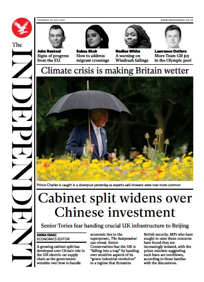 The Independent Newspaper Front Page (UK) for 30 July 2021