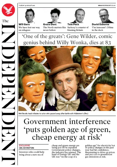 The Independent Newspaper Front Page (UK) for 30 August 2016