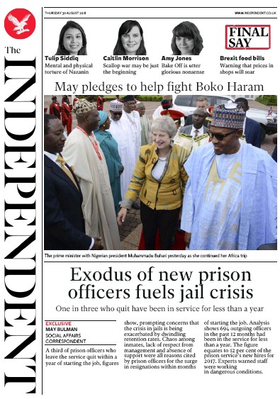 The Independent Newspaper Front Page (UK) for 30 August 2018