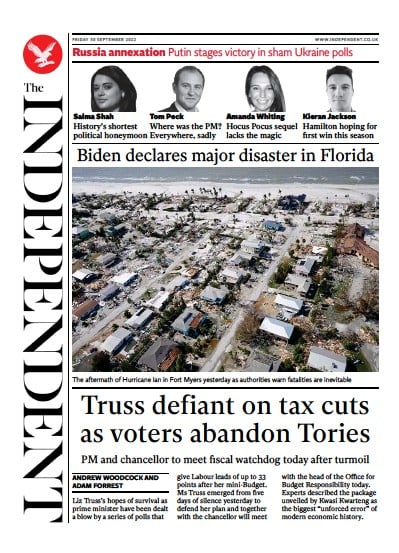 The Independent Newspaper Front Page (UK) for 30 September 2022