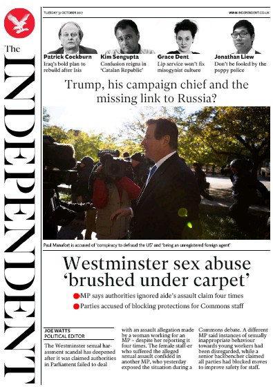 The Independent Newspaper Front Page (UK) for 31 October 2017
