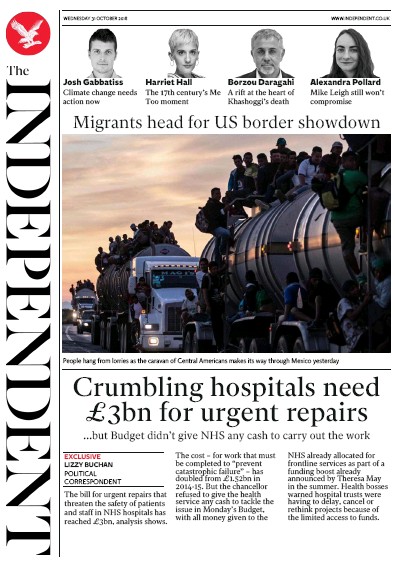 The Independent Newspaper Front Page (UK) for 31 October 2018