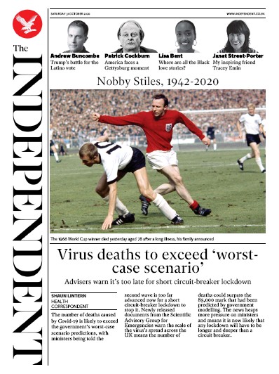 The Independent Newspaper Front Page (UK) for 31 October 2020