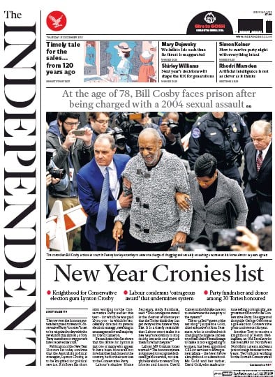 The Independent Newspaper Front Page (UK) for 31 December 2015
