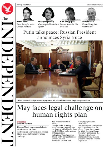 The Independent Newspaper Front Page (UK) for 31 December 2016