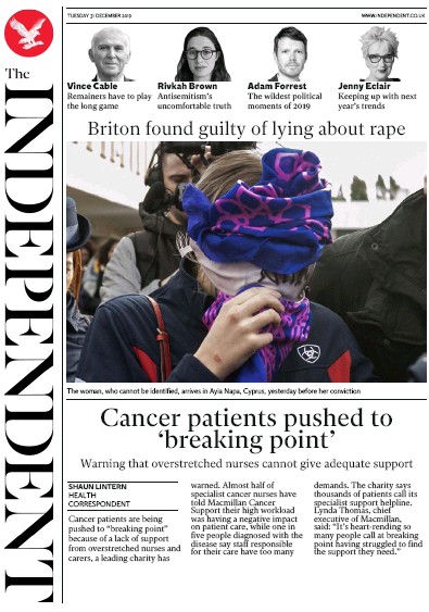 The Independent Newspaper Front Page (UK) for 31 December 2019