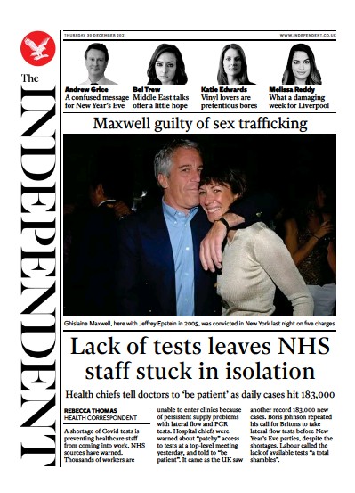 The Independent Newspaper Front Page (UK) for 31 December 2021