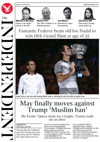 The Independent Newspaper Front Page (UK) for 31 January 2017
