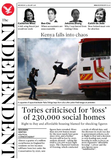 The Independent Newspaper Front Page (UK) for 31 January 2018