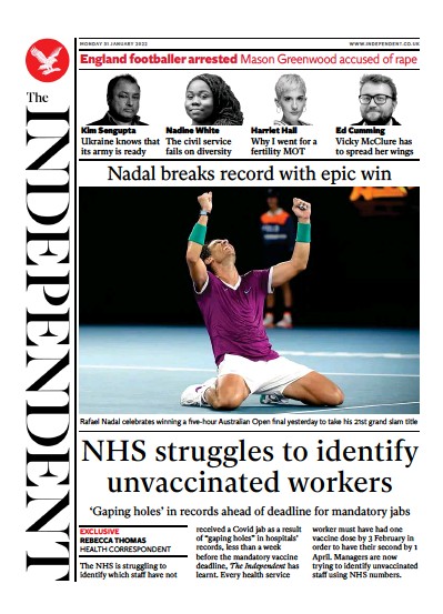 The Independent Newspaper Front Page (UK) for 31 January 2022