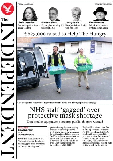 The Independent Newspaper Front Page (UK) for 31 March 2020