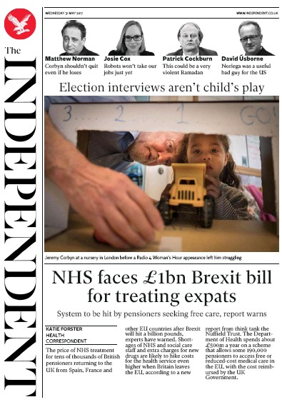The Independent Newspaper Front Page (UK) for 31 May 2017