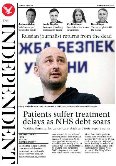 The Independent Newspaper Front Page (UK) for 31 May 2018