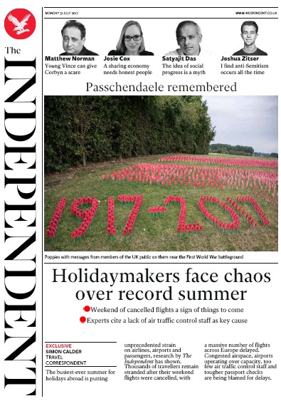 The Independent Newspaper Front Page (UK) for 31 July 2017