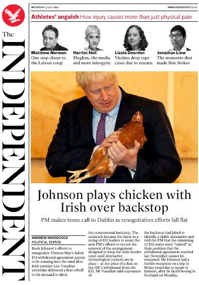 The Independent Newspaper Front Page (UK) for 31 July 2019