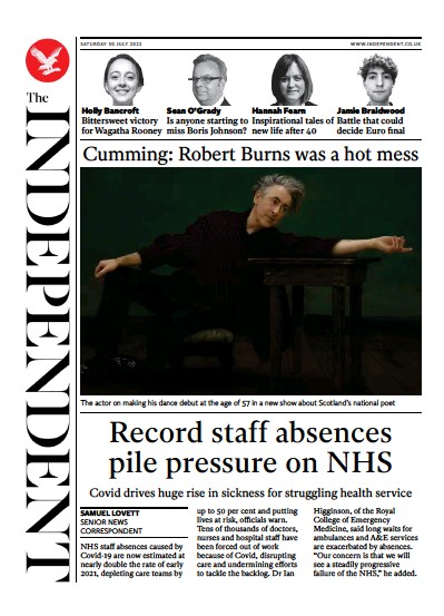 The Independent Newspaper Front Page (UK) for 31 July 2022