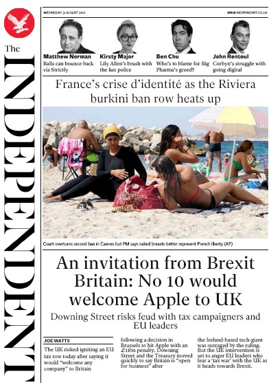 The Independent Newspaper Front Page (UK) for 31 August 2016