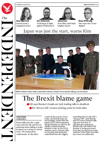 The Independent Newspaper Front Page (UK) for 31 August 2017