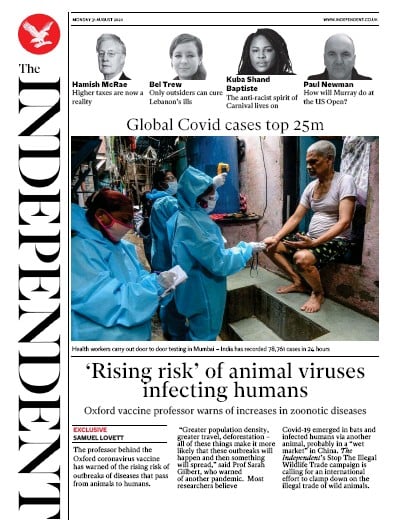 The Independent Newspaper Front Page (UK) for 31 August 2020
