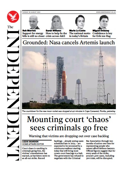 The Independent Newspaper Front Page (UK) for 31 August 2022