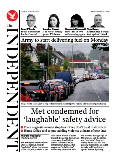 The Independent Newspaper Front Page (UK) for 3 October 2021