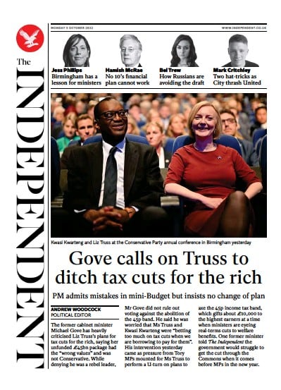 The Independent Newspaper Front Page (UK) for 3 October 2022