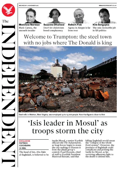 The Independent Newspaper Front Page (UK) for 3 November 2016