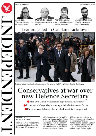 The Independent Newspaper Front Page (UK) for 3 November 2017