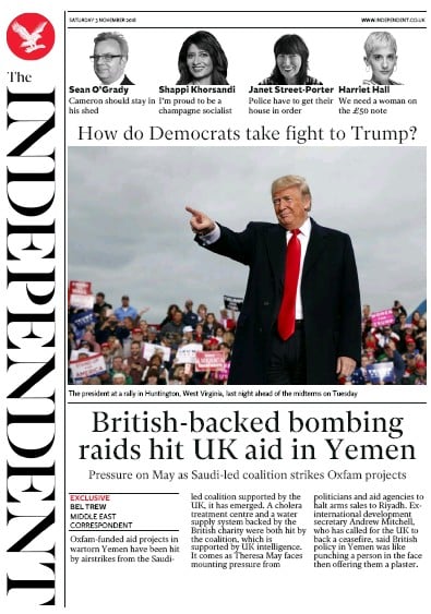 The Independent Newspaper Front Page (UK) for 3 November 2018