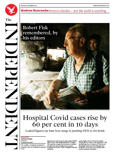 The Independent Newspaper Front Page (UK) for 3 November 2020