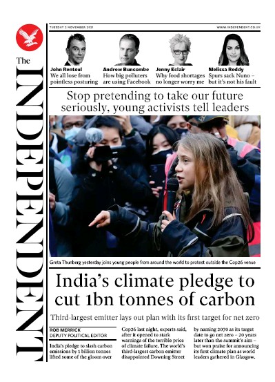 The Independent Newspaper Front Page (UK) for 3 November 2021