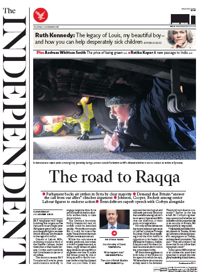 The Independent Newspaper Front Page (UK) for 3 December 2015