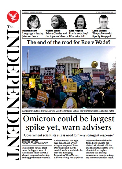 The Independent Newspaper Front Page (UK) for 3 December 2021