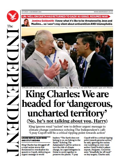 The Independent Newspaper Front Page (UK) for 3 December 2023