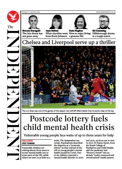 The Independent Newspaper Front Page (UK) for 3 January 2022