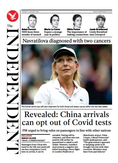 The Independent Newspaper Front Page (UK) for 3 January 2023