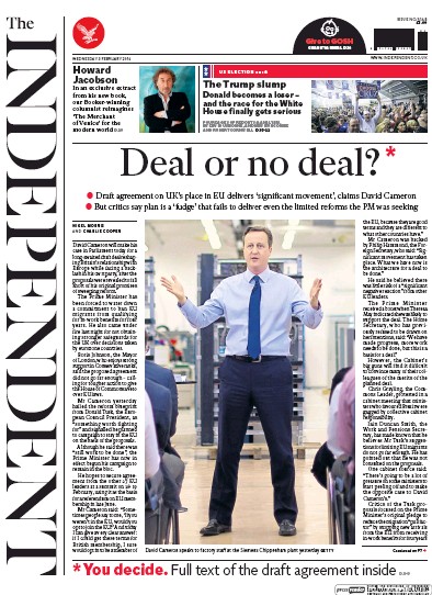 The Independent Newspaper Front Page (UK) for 3 February 2016