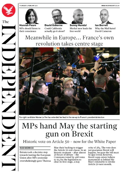 The Independent Newspaper Front Page (UK) for 3 February 2017