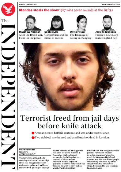 The Independent Newspaper Front Page (UK) for 3 February 2020