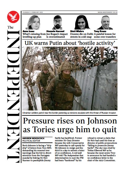 The Independent Newspaper Front Page (UK) for 3 February 2022