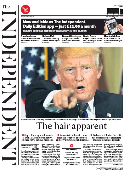The Independent Newspaper Front Page (UK) for 3 March 2016