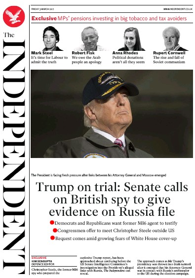 The Independent Newspaper Front Page (UK) for 3 March 2017